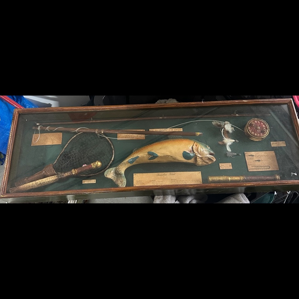 1928 Vintage Fish Display with Fishing Gear in Brown Frame